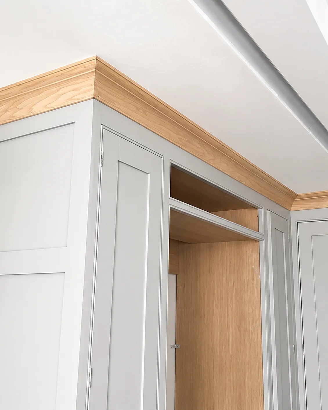 Painted larder with oak cornice — bespoke kitchen by Ollie's Handmade Kitchens