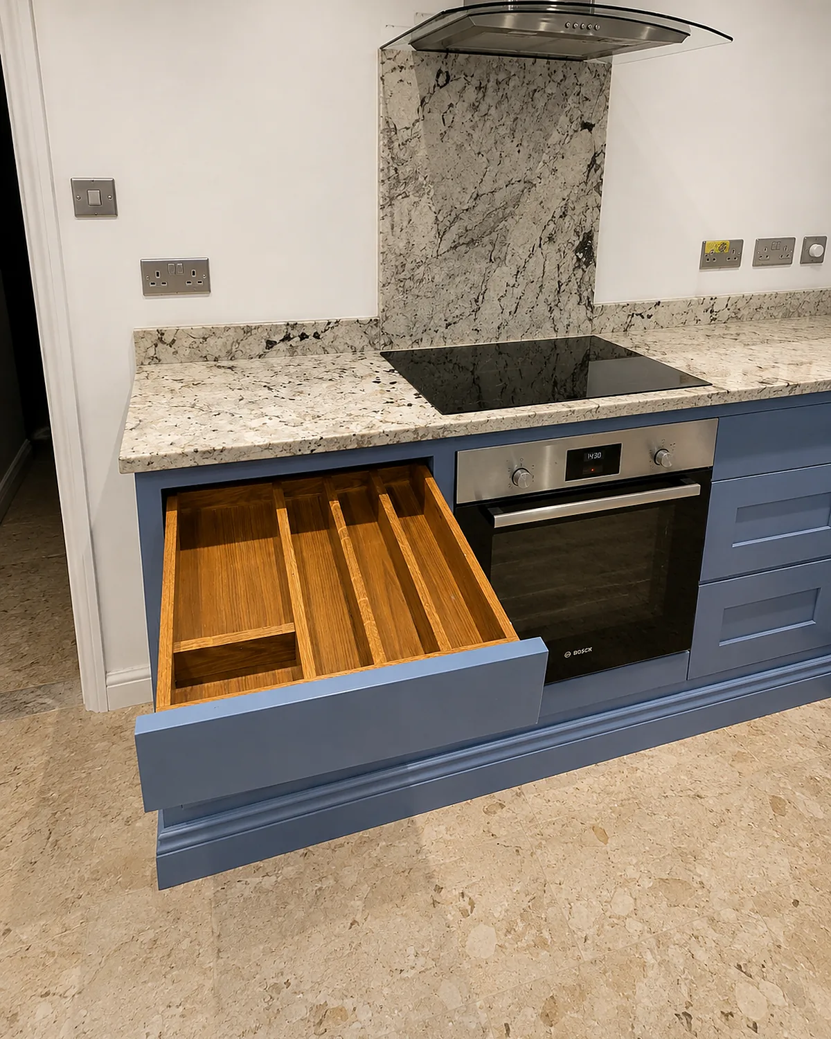 Oak-lined cutlery drawer — bespoke kitchen by Ollie's Handmade Kitchens