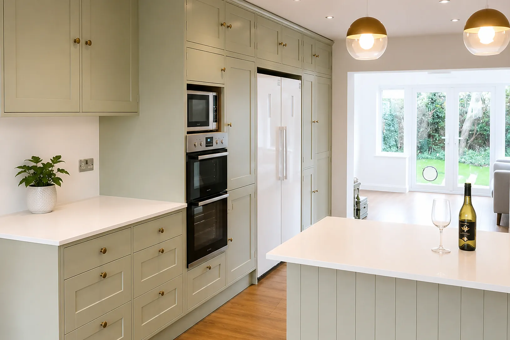 Sage green shaker kitchen with island and oak floor