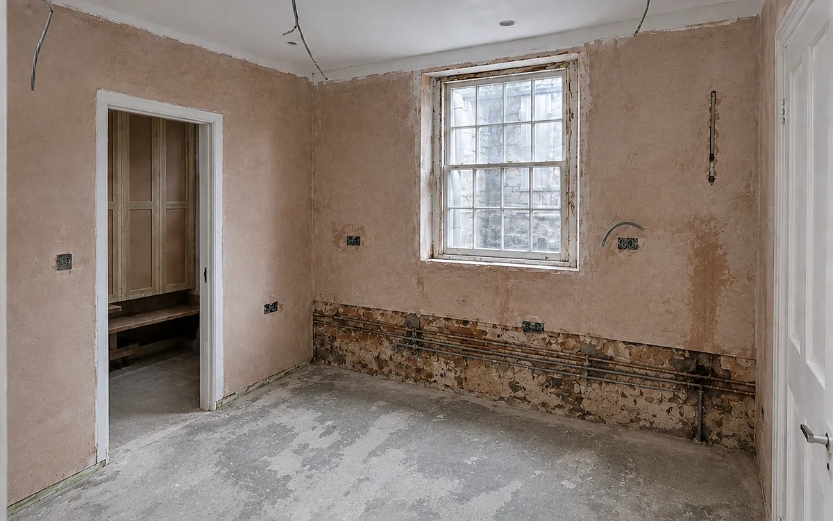 The room stripped back before work began — Before