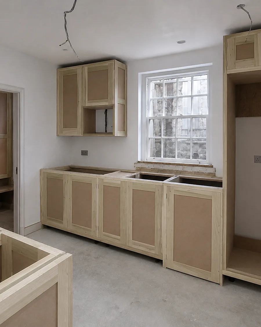 Cabinets and face frames primed in place — First fix
