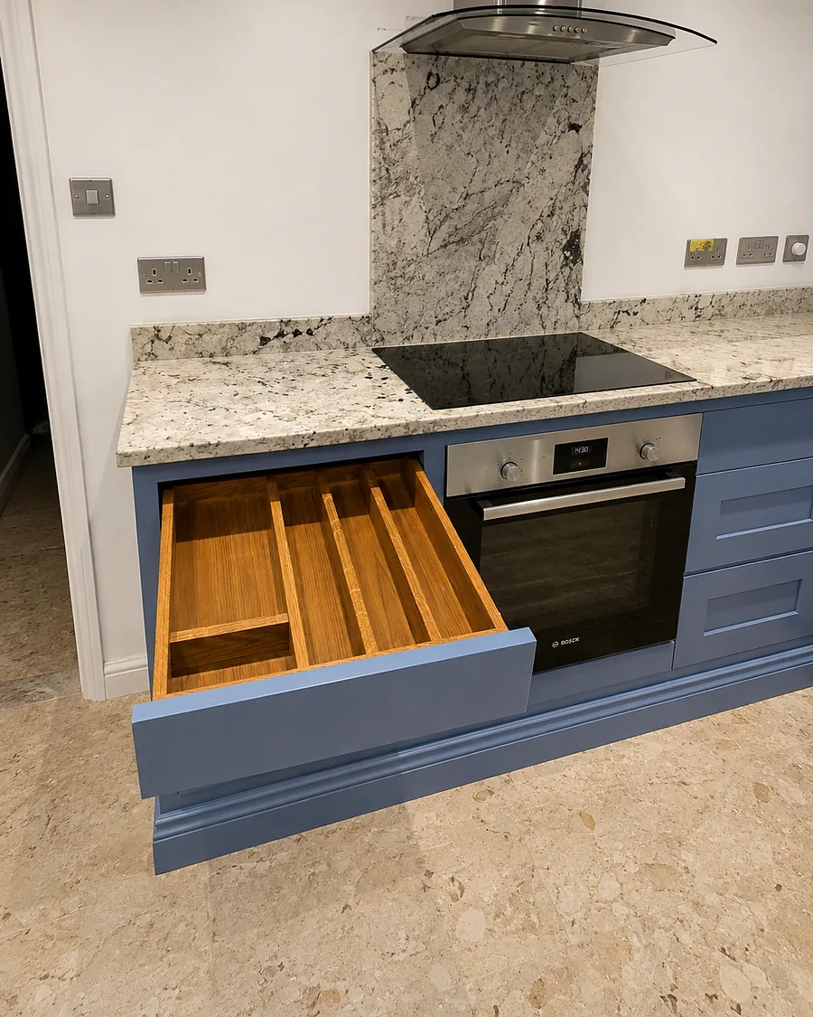 Oak-lined cutlery drawer — Drawer detail