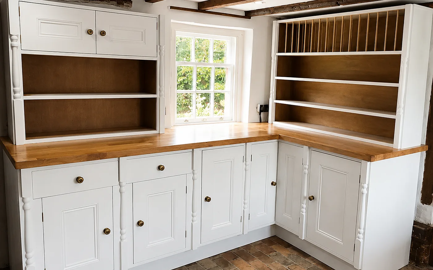 The finished dresser with plate rack and open shelving — Finished