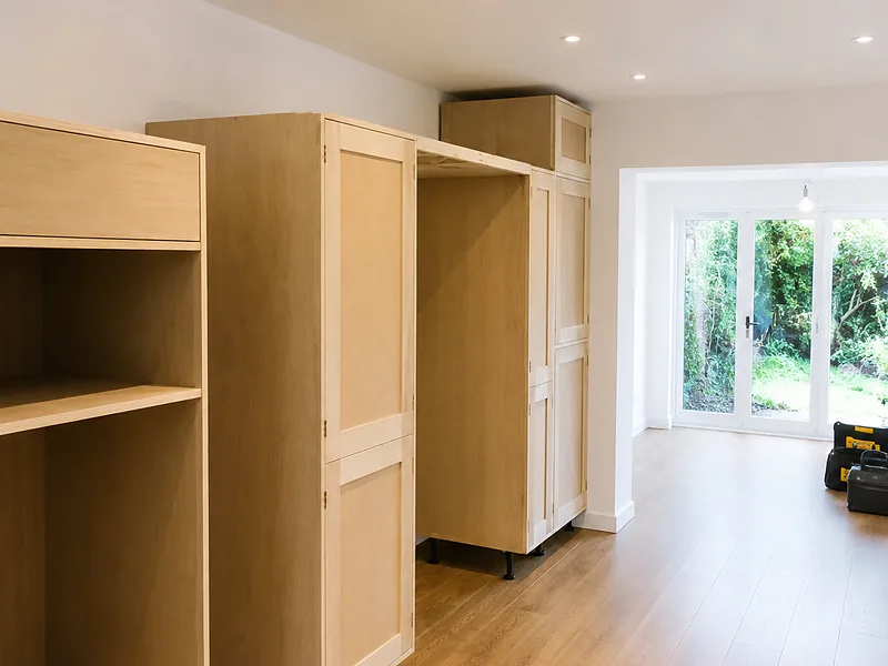 Oak-veneered cabinets assembled and ready for fitting